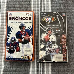Denver Broncos vintage VHS cassette tapes commemorating the two Super Bowl